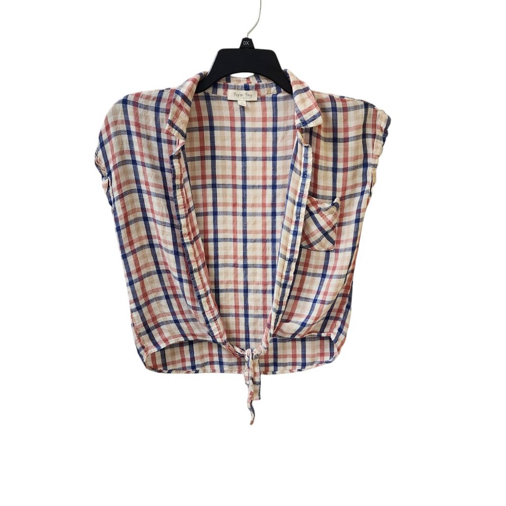 Byron Bay Women's Button Up Plaid Checkered Top Small Rayon Cream Pink Blue